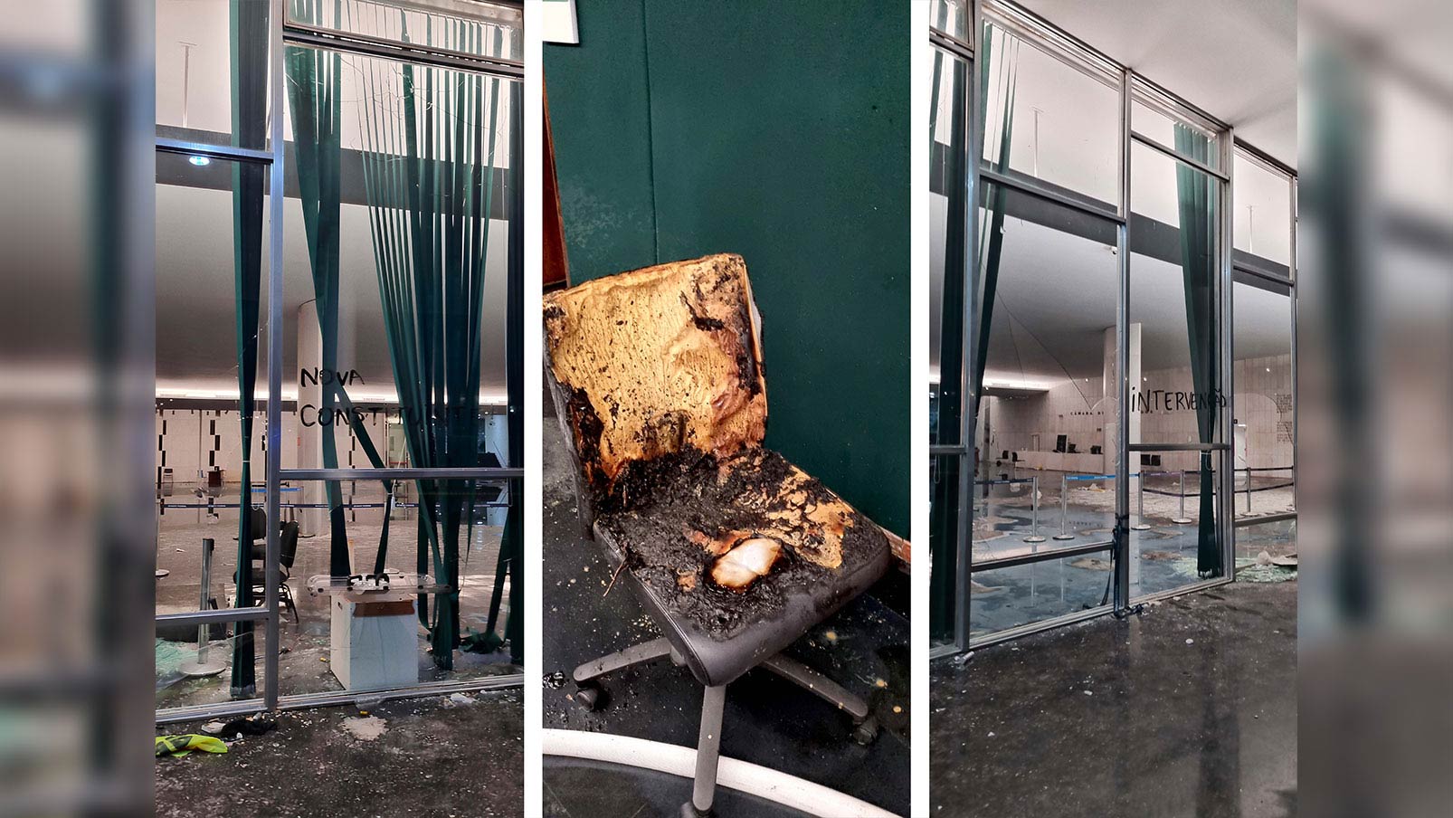 Depredação no Salão Negro do Congresso; no centro, cadeira queimada no corredor das lideranças | Foto: Marcelo Sá de Sousa/Câmara